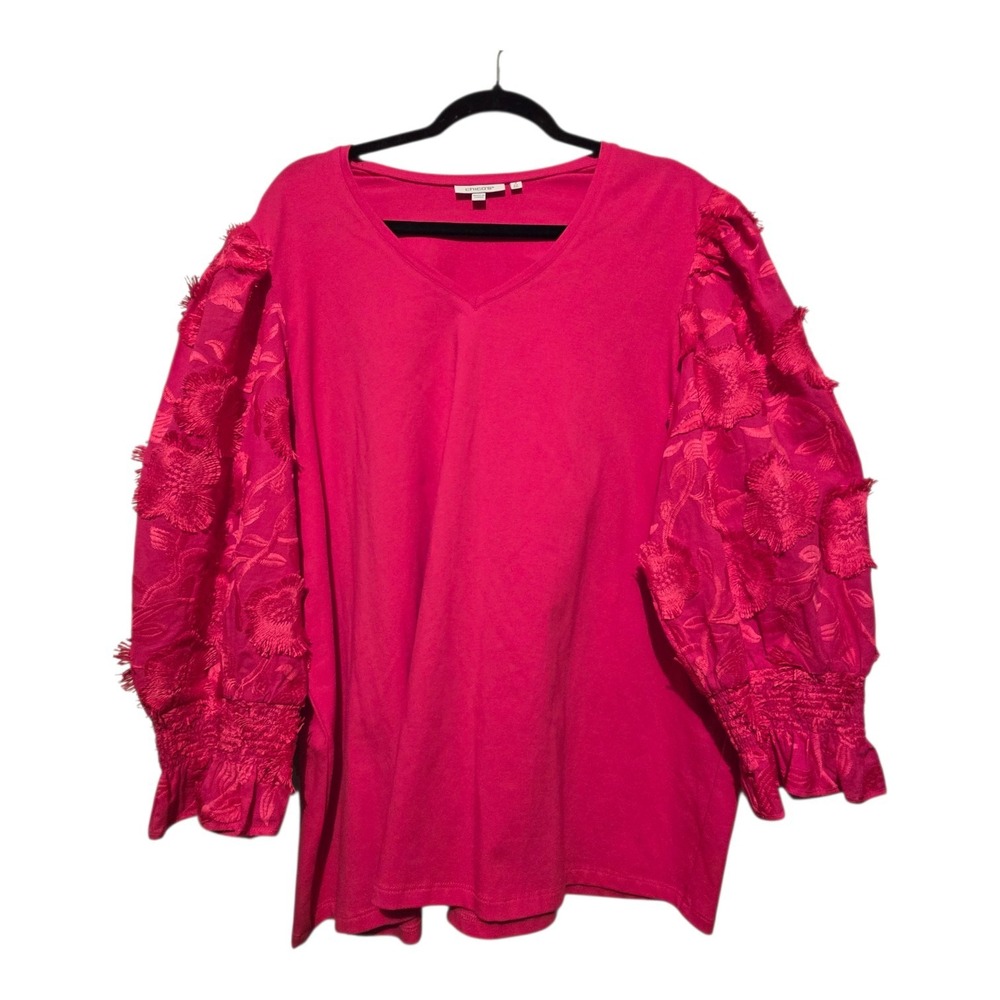 Chicos Sz 4 Balloon Sleeve Shirt Top Womens XXL Pink Embroidery Boho Peasant